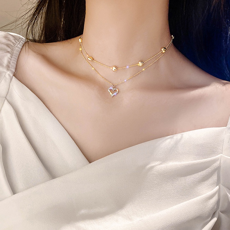 Fashion Wanita Kalung Double Stacked Chain Heart Necklace