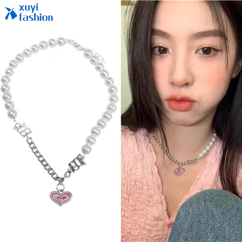 Kalung Mutiara Bentuk Hati Warna Pink Untuk Wanita