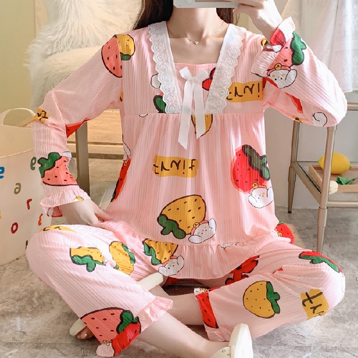 Baju Tidur / Piyama Import Wanita Motif Celana Panjang Lengan Pendek Stelan Sleepwear 3in1 Jumbo-RENDA-Berry Pink