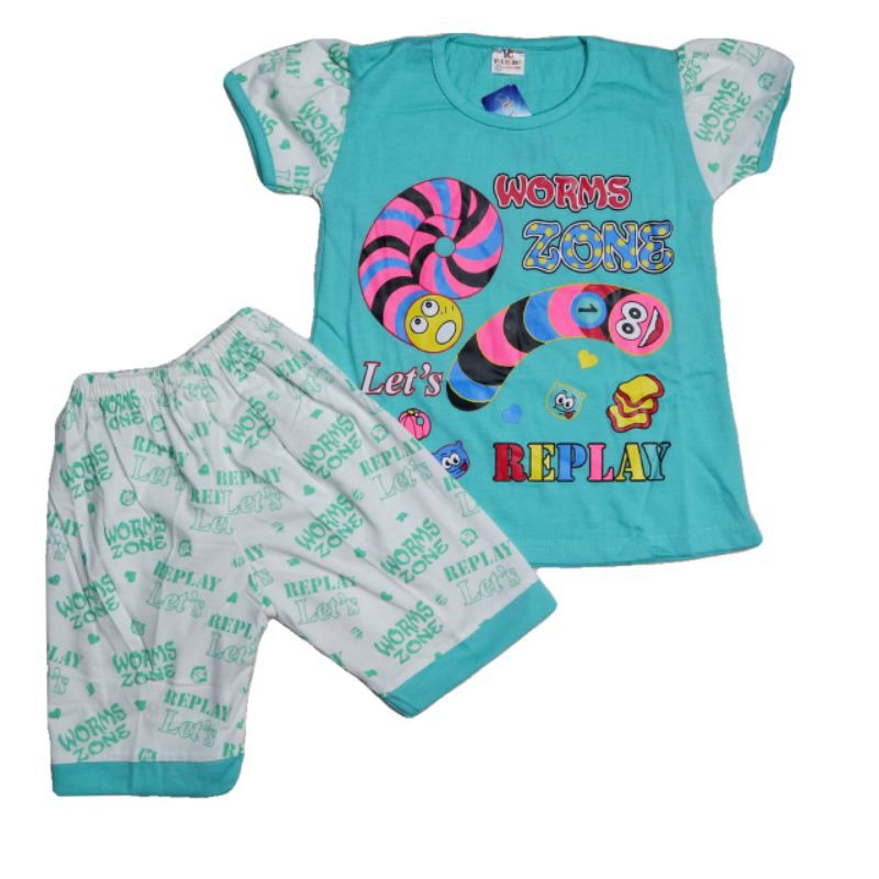 SETELAN BAJU ANAK PEREMPUAN 2-6 TAHUN MOTIF WORM ZONE LETS REPLAY LENGAN PENDEK CELANA PENDEK-1
