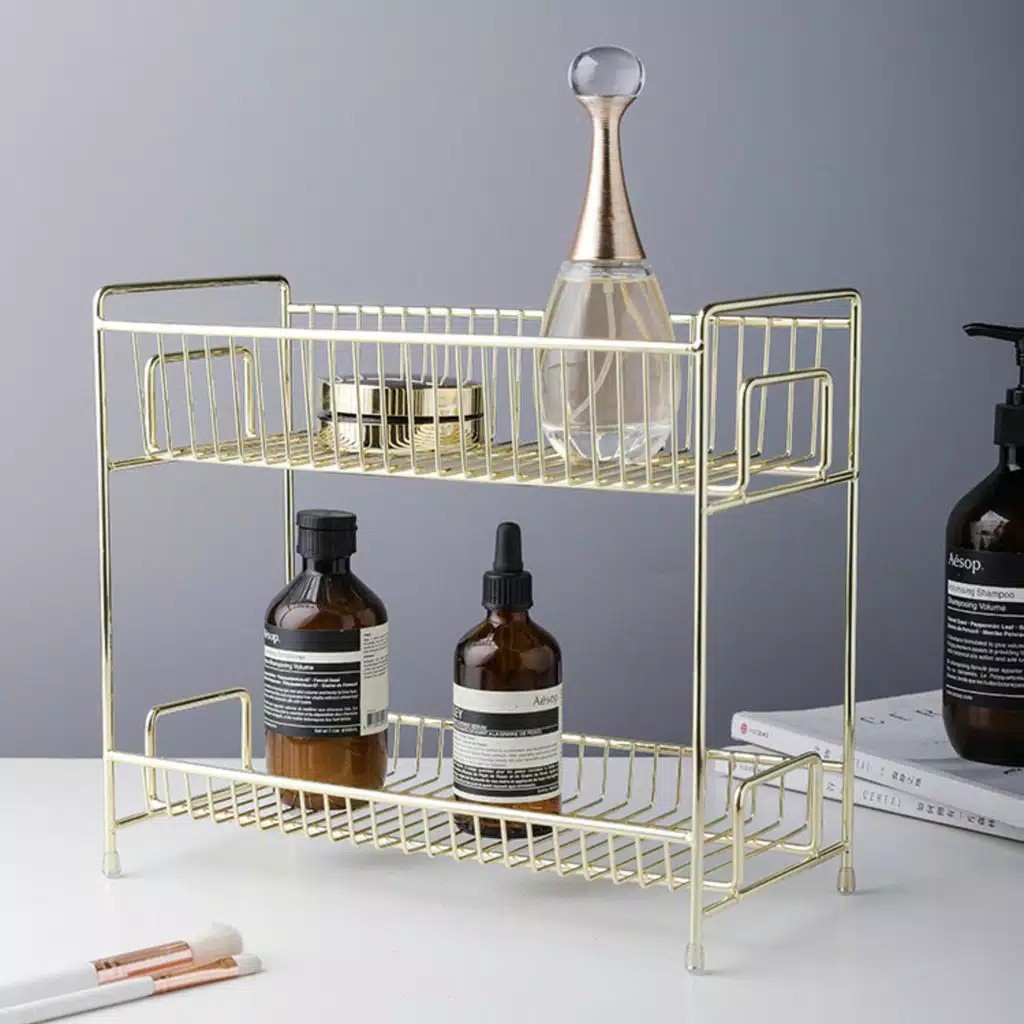 EL#JG2T Rak Tempat Menyimpan Kosmetik Model Dua Lapisan Gaya Nordic Warna Emas Bahan Besi Rak gold