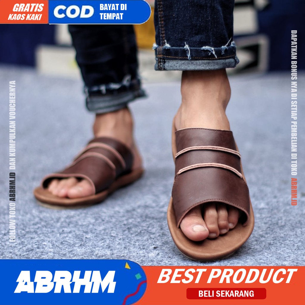 ABRHM X TAIM Sandal Slide Pria Sandal Slop Pria Kulit Asli Ori Sendal Selop Cowok / Cowo kekinian