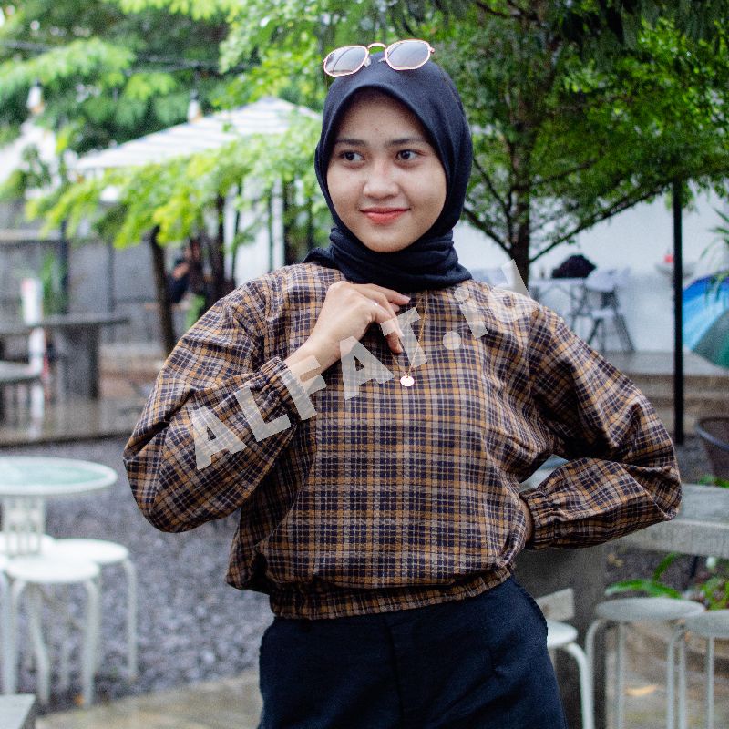 KEMEJA CROP TOP | TARTAN BLOUSE| LENGAN KARET BALLON | BEST SELLER COD