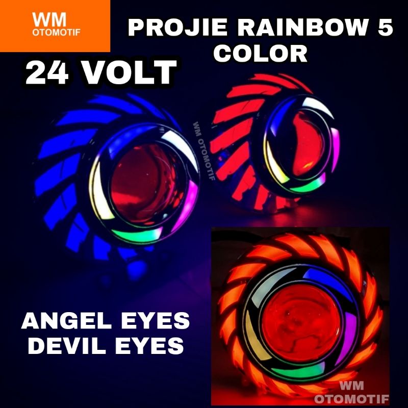 Lampu Depan LED Projie 24 Volt Bulat Spiral Truk Bus Tronton Canter Fuso 2.5 dan 3.5 Inch Kipas AE Rainbow Flash Running Angel Eye Truck Bis Demon Eyes Proji Utama 2,5 3,5 Inch Motor Mobil Bebek Matic Sport Moge Universal PnP Merah Biru