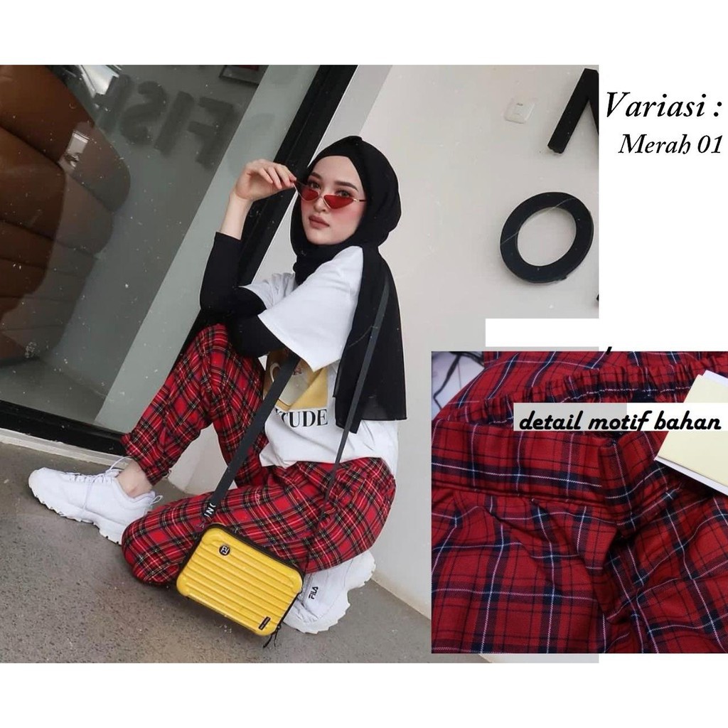 GEMILANG Celana Wanita Motif Kotak Kotak Merah - Celana