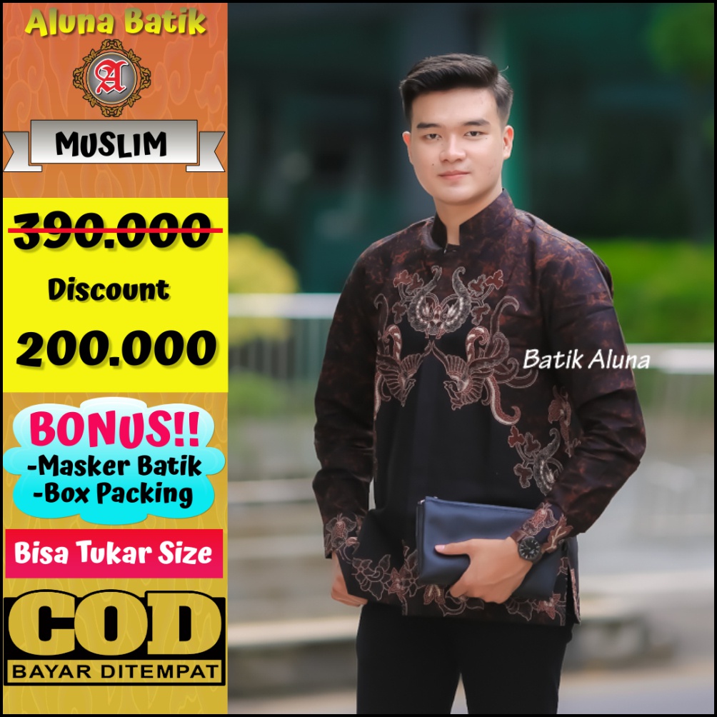 Baju Muslim Pria Batik Premium Dewasa Kemeja Lebaran 2022 Trend Lengan Panjang Modern Furing Katun Adhem Batik Solo Aluna MBA 010