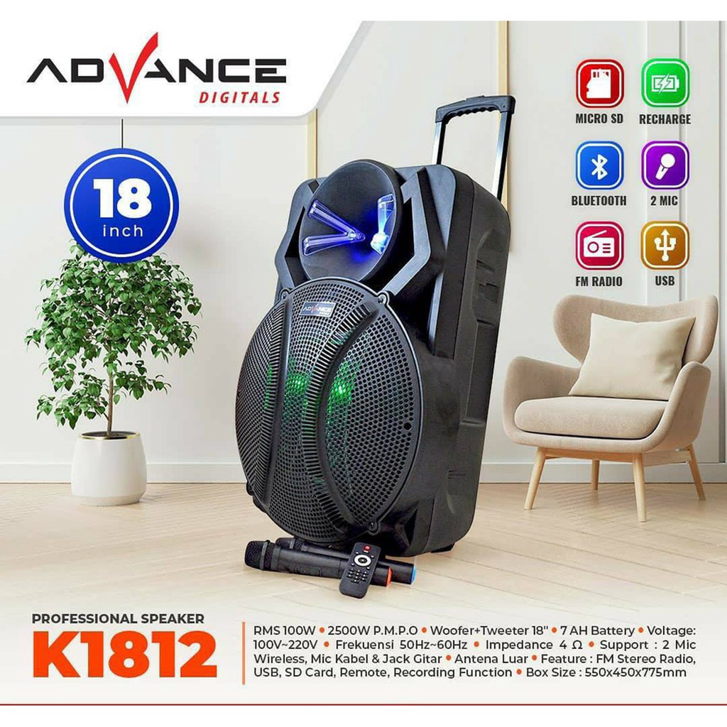 Advance Speaker 18 Inch K1812 Meeting Portable Karaoke With 2 Mic Wireless RMS 100W