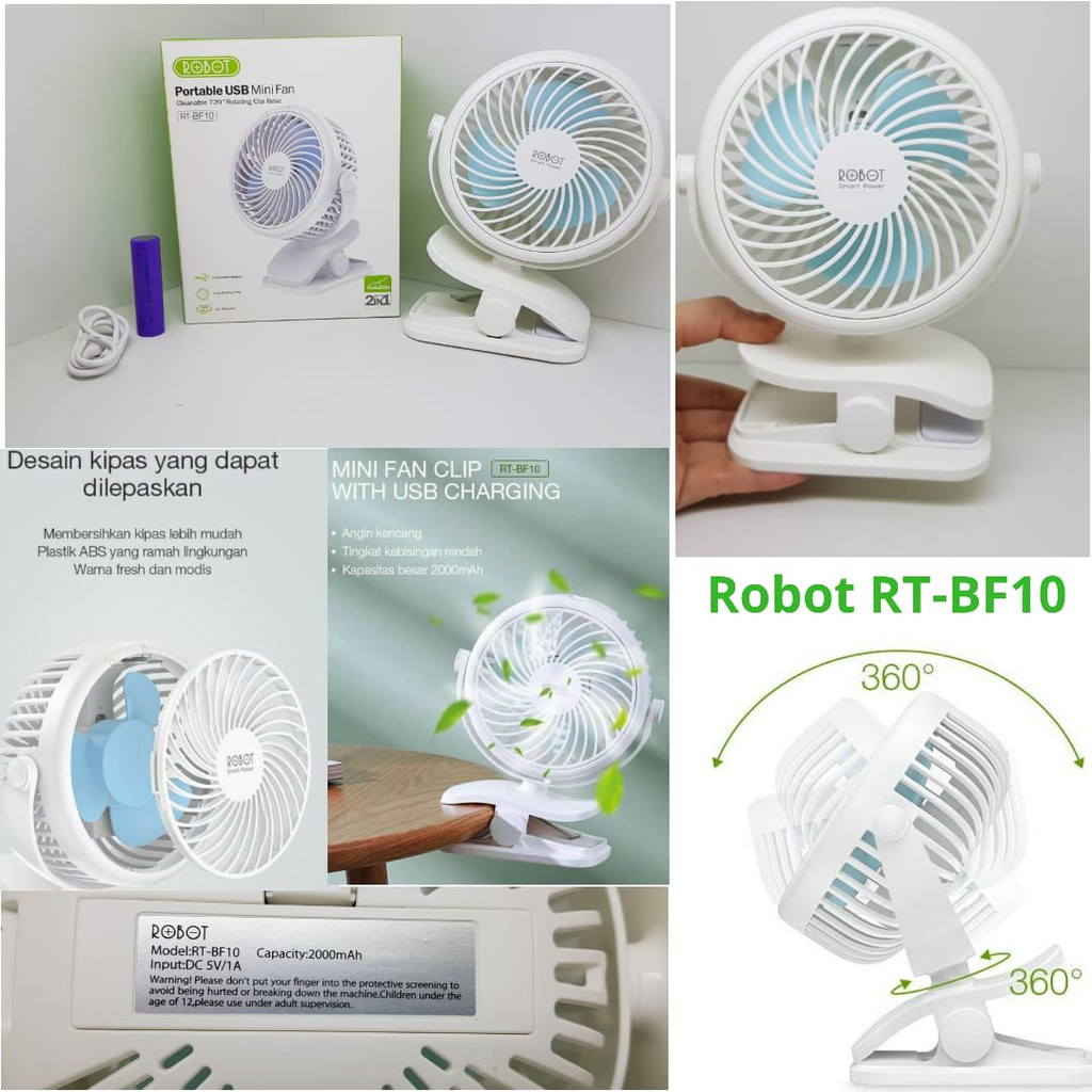 ROBOT RT BF10 Cleanable 720 derajat Rotating Clip Base Portable USB Mini Fan RTBF10