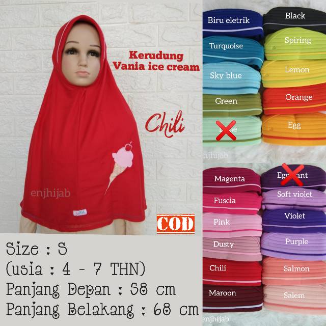 JILBAB ANAK SIZE S USIA 4 - 7 TAHUN VANIA ICE CREAM HIJAB SEKOLAH PAUD TK SD