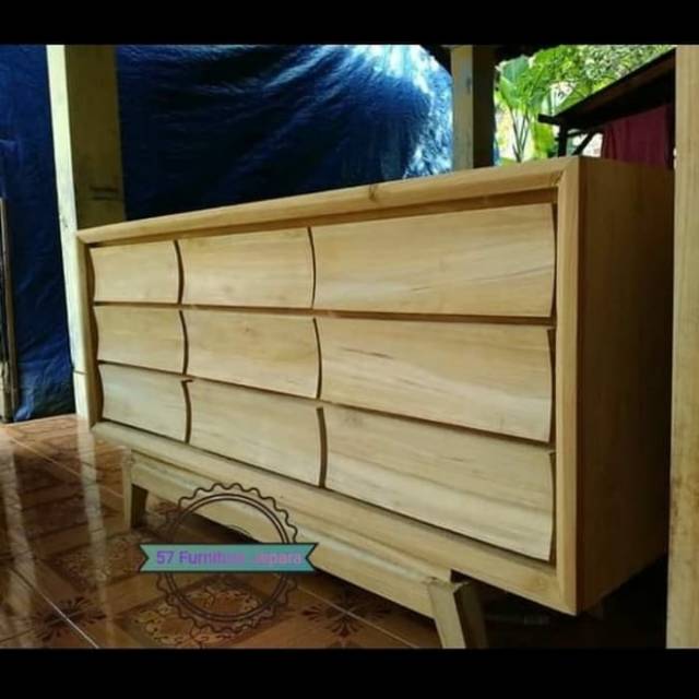 Meja Tv Model Simpel Klasik Kayu Jati MENTAHAN - Buffet Polos Laci