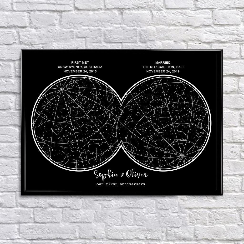 

WHITE ON BLACK DOUBLE custom constellation star map personalized framed A3 poster unique decoration