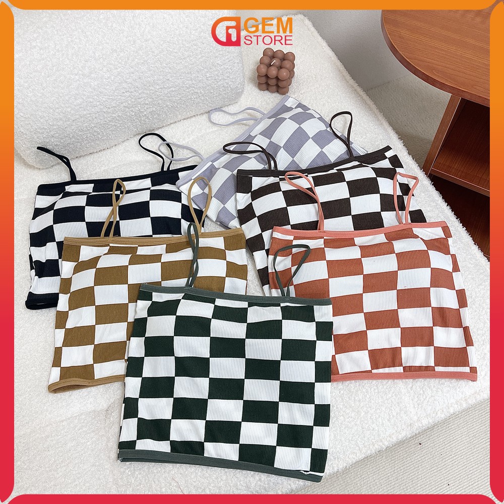 Tanktop Wanita Motif Catur Kotak-Kotak Tanpa Lengan / Crop Top Tengtop Atasan Wanita Bahan Rajut Tan