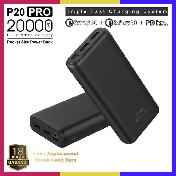 Acmic P20Pro 20000Mah Powerbank Quick Charge 3.0 Pd Power Delivery Hitam
