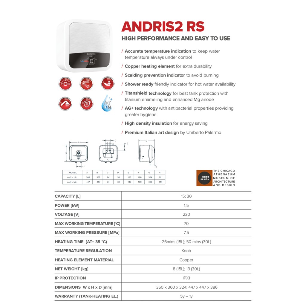 Ariston Andris 2 AN2 RS 30 liter 500 watt Water Heater Keluarga Pemanas Air Hangat Mandi