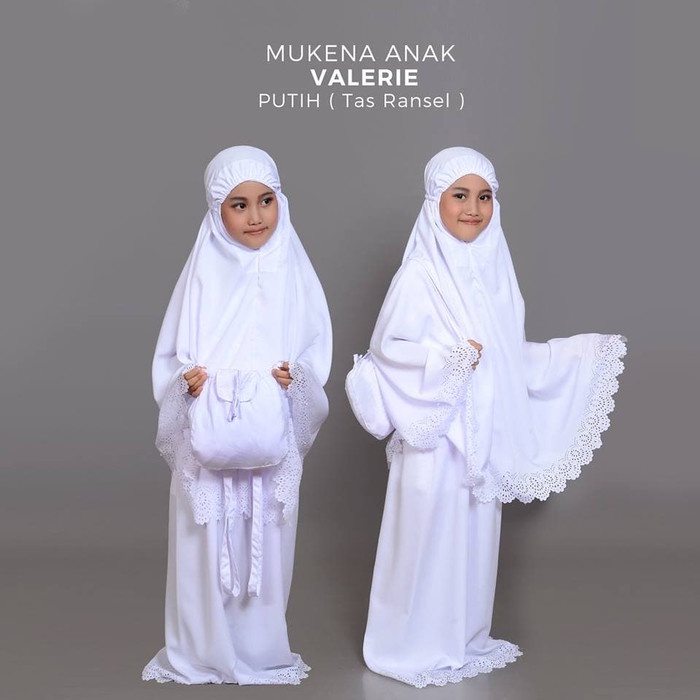 MUKENA ANAK VALERIE PUTIH Mukenah Renda Rajut Polos Bunga Bahan Jersey Perempuan Travelling Kombinas