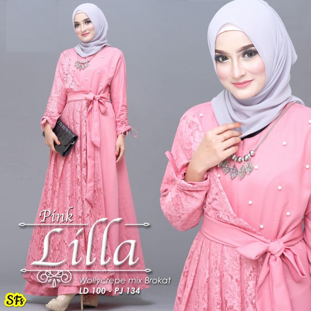Gamis Syari Mewah Brukat Lilla Tille Mutiara Brokat Gaun Kondangan Pesta wedding-PINK