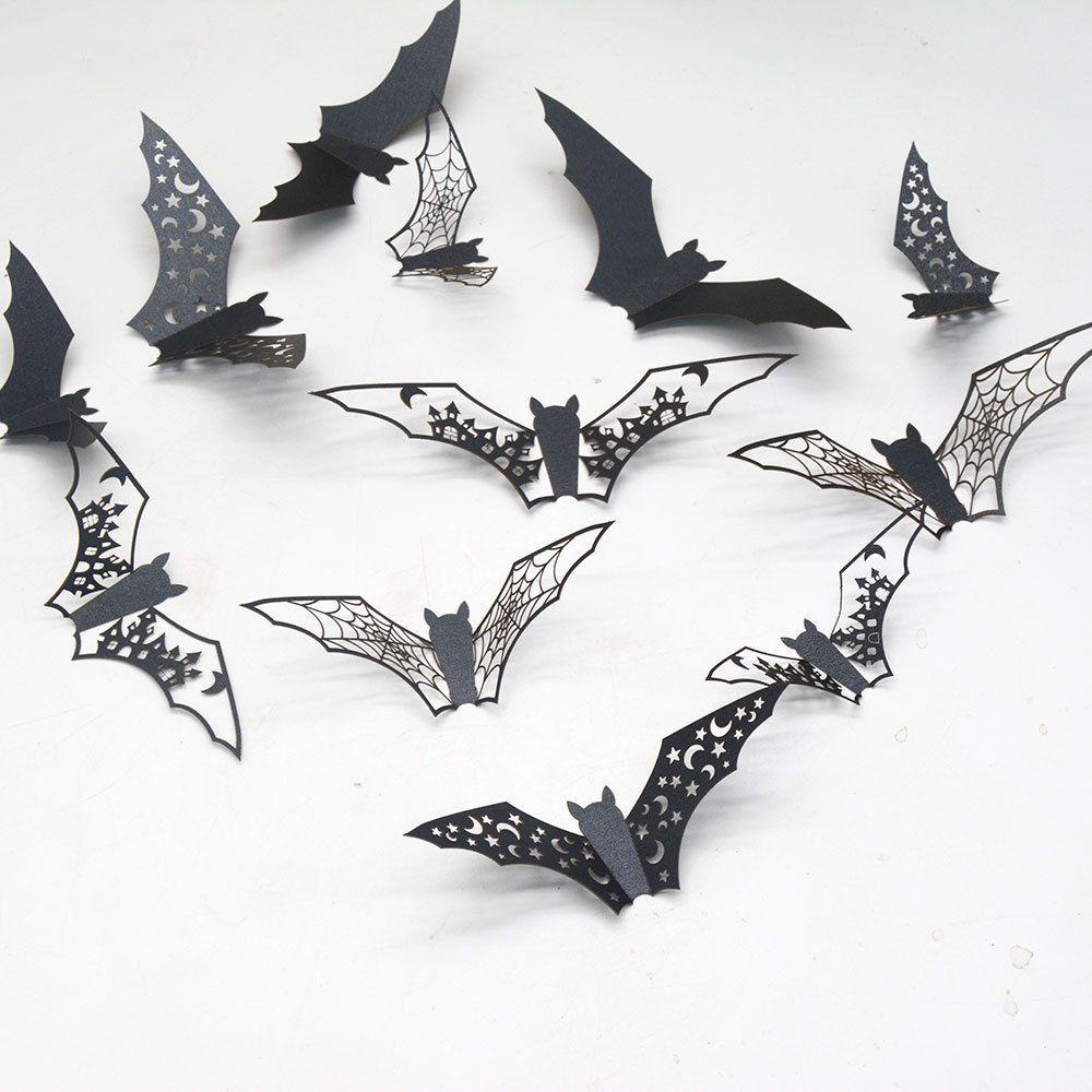 R-flower 12PCS 3D Kelelawar Stiker DIY Properti Fotografi Festival Ornamen Hollow Bulan Bintang