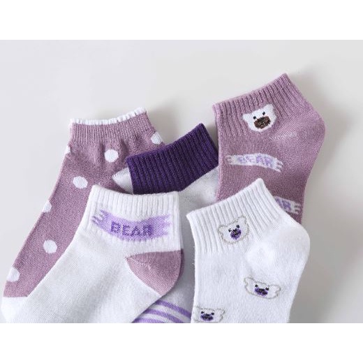 DF KK203 Kaos Kaki Wanita Motif Beruang Ungu Kaos Kaki Pendek Fashion Korean Import
