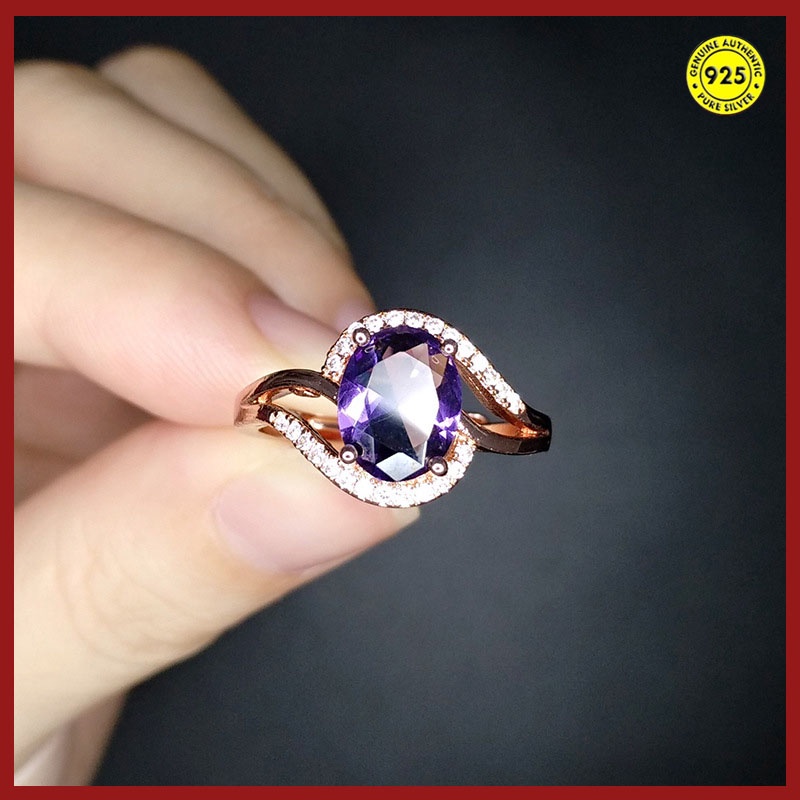 Cincin Rose Gold 18k Adjustable Dengan Batu Amethyst Mewah Untuk Wanita