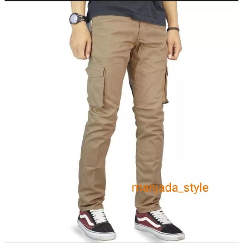 Celana Panjang Pria Cargo Model Slim Fit Skinny High Waist Warna Polos Untuk Pesta / Club