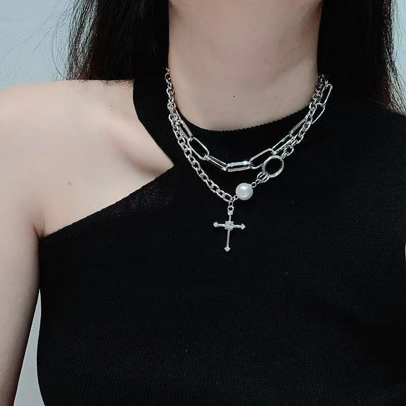 Korean Punk Double Necklace Fashion Hip-hop Pearl Cross Pendant Unisex