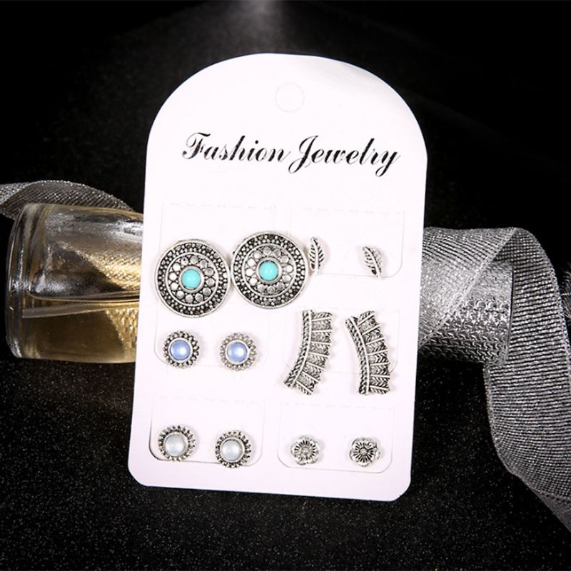 SIY  6 Pair Ear Stud Vintage Floral Stone Jewelry Fashion Bohemia Retro Set Ornaments