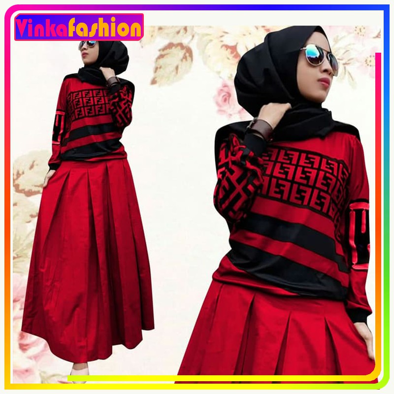Baju Cewek Muslimah Syar'i Setelan wanita Warna Merah Hitam Motif EF-EF