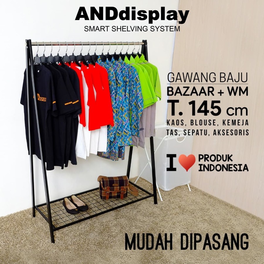 GAWANG BAJU BAZAR SINGLE + WM T 145 CM HITAM RAK BESI GANTUNGAN RAM