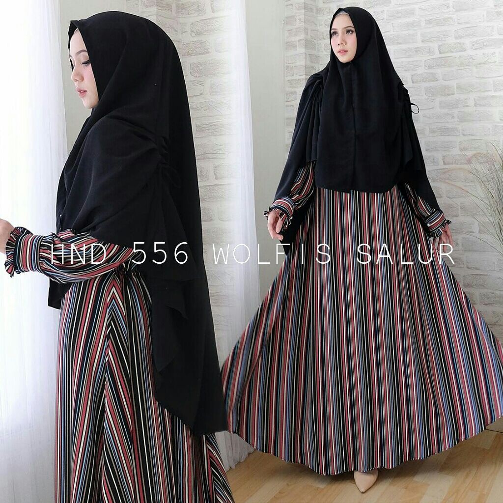 Gamis Syar I Bahan Wolfis Salur Set Khimar Cantik Bahan Wolfis & Gamis Pesta Trendy Modern NZ004