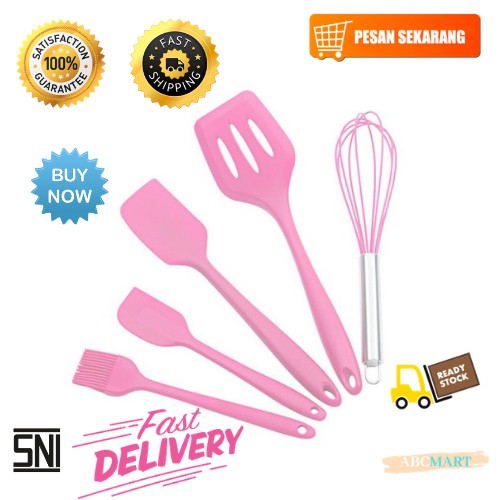 [BISA COD] PROMO Spatula Set isi 5 Pcs Silikon Anti Lengket Alat Masak Set Sutil Sodet Kocokan Kuas Silikon Murah Terjangkau