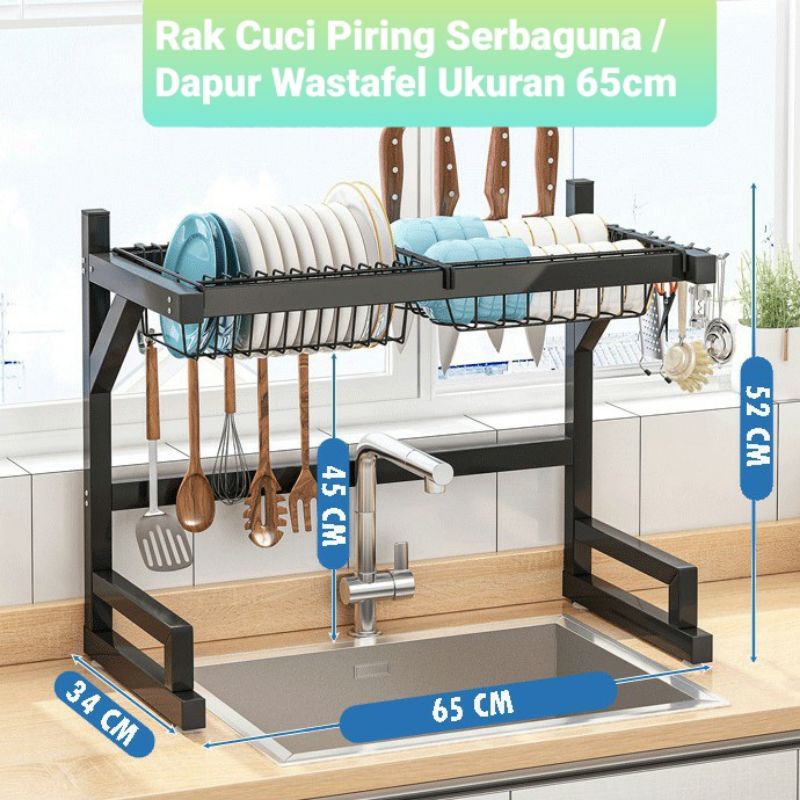 Rak Dapur Cuci Piring Wastafel 2 Susun Serbaguna Hitam 85cm Besi Anti Karat Kokoh