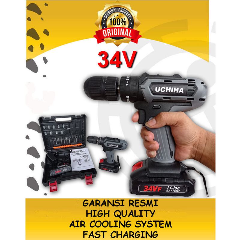 Mesin Bor Baterai Cordless Impact Drill Merk Uchiha 13mm Type 34vf 25Torsi Fullset koper