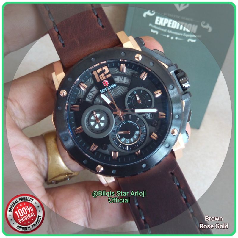 Jam Tangan Besar Expedition E6402 Case Rose Gold Tali Kulit Original