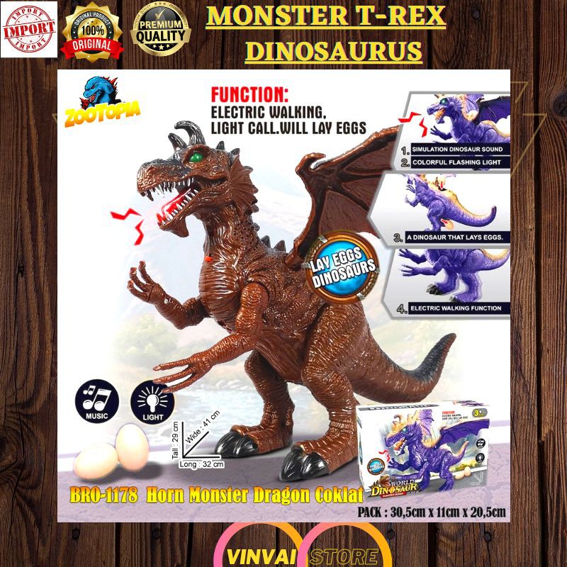 Mainan Anak Monster Dinosaurus T-Rex Coklat - Mainan Edukasi Anak Robot Dinosaurus Telur Sayap Lampu
