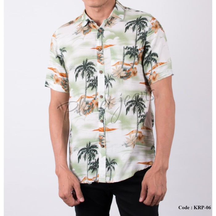 Jual Kemeja Summer Pria Motif Pantai Lengan Pendek Santai Hawai Slimfit 14 Diskon