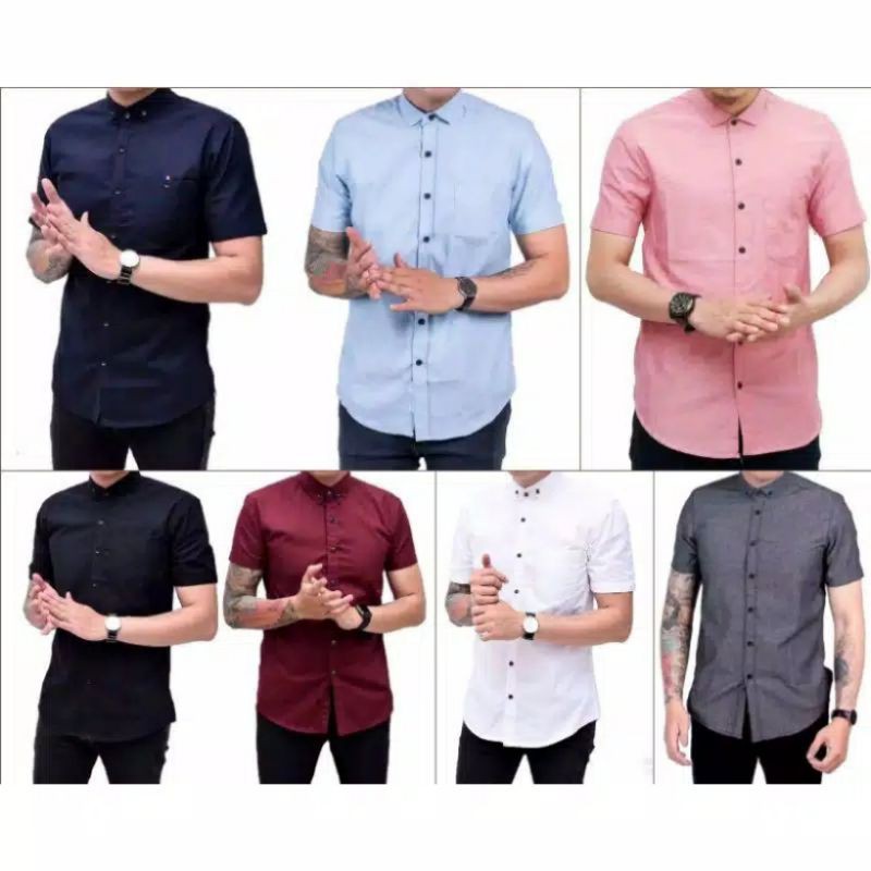 kemeja cowok polos pria lengan panjang slimfit hem pria kantor hitam navy putih maron army