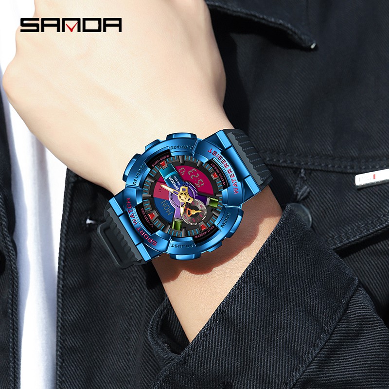 SANDA 9004 Jam Tangan Pria Digital Analog Dual Time World Time Tali Rubber Shockproof Anti Air WATCHKITE WKOS