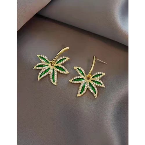 LRC Anting Tusuk Fashion Green Alloy Rhinestone Leaf Earrings V57119