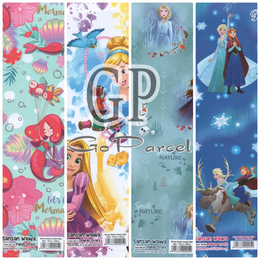 ( 5 Lembar ) JUMBO GIRLS / PRINCESS SANWA - KERTAS KADO FROZEN PRINCESS MERMAID UNICORN TSUM TSUM SANWA - GIFT WRAP PAPER SANSAN WAWA HELLOKITTY PINK