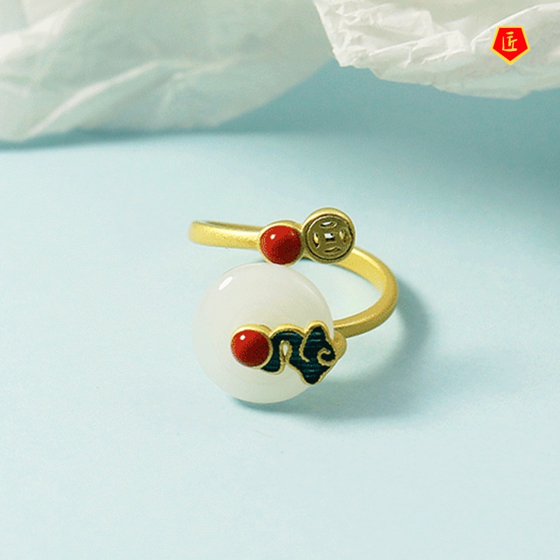 Chinese Style Retro Xiangyun Ring Female Ancient Style Enamel Painted Hetian Jade Fashion Personalized Tail Ring