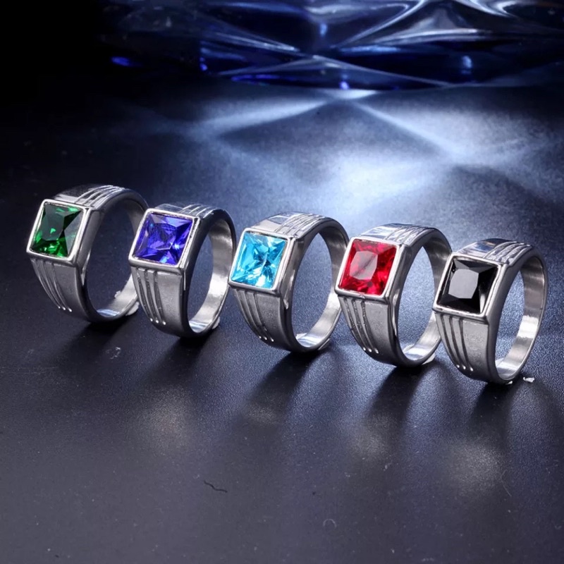 Cincin Batu Red Ruby Blue Safir Yellow Yakut Green Zamrud Cubic Zirconia Ring Real Titanium Steel