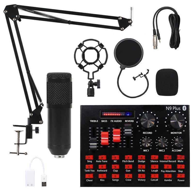 Paket Komplit Home Recording BM800 Soundcard Mixer N9 Plus Bluetooth Stand Arm Pop Filter Shield