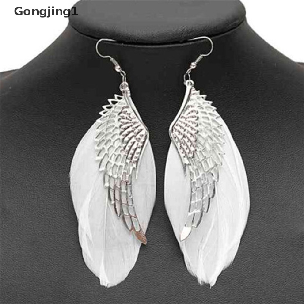 Gongjing1 Anting Gantung Panjang Kait Motif Sayap Malaikat + Bulu Putih Untuk Perhiasan Wanita