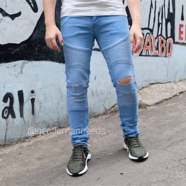 [CLEARANCE SALE] Celana Jeans Double Biker Sky Blue Ripped Sobek Bordir Biru Muda Skinny Long Pants