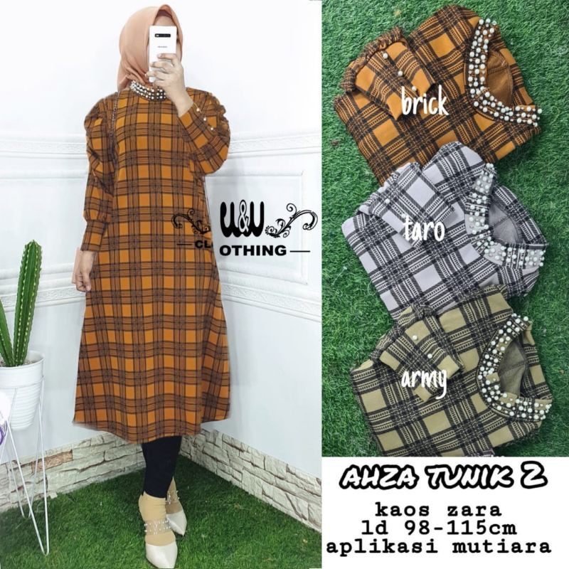 Ahza Tunik Atasan Baju Wanita model baru bahan Kaos Zara Tunik motif kotak kotak fit M to XXL