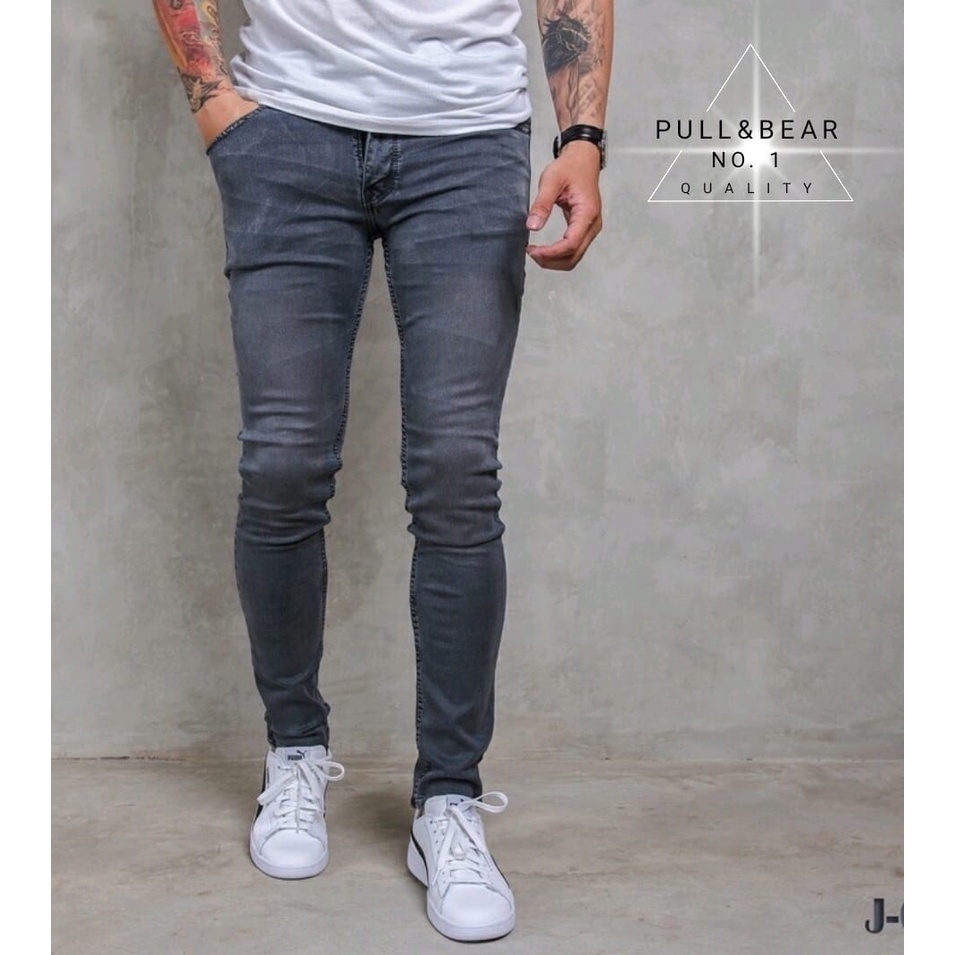 CELANA JEANS PRIA PULL&BEAR GREY WASH WHISKER SKINNY STRETCH PULLANDBEAR PULL & BEAR PULL P&B ABU