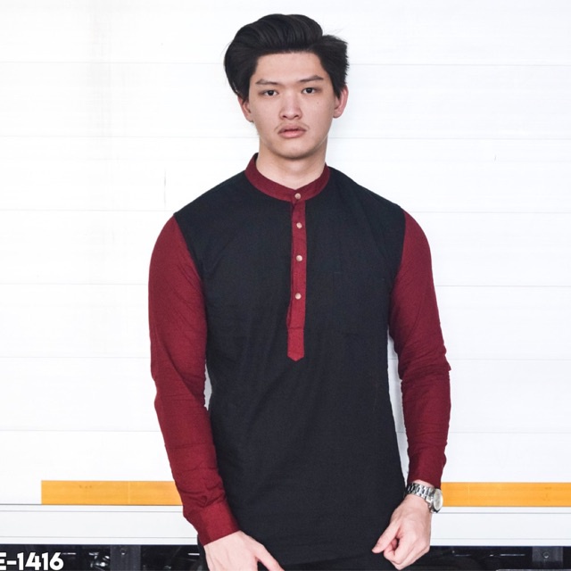 SANVANINA E-1416 Kemeja Koko Shanghai Panjang Black Combi Maroon | Baju Pria Cowok