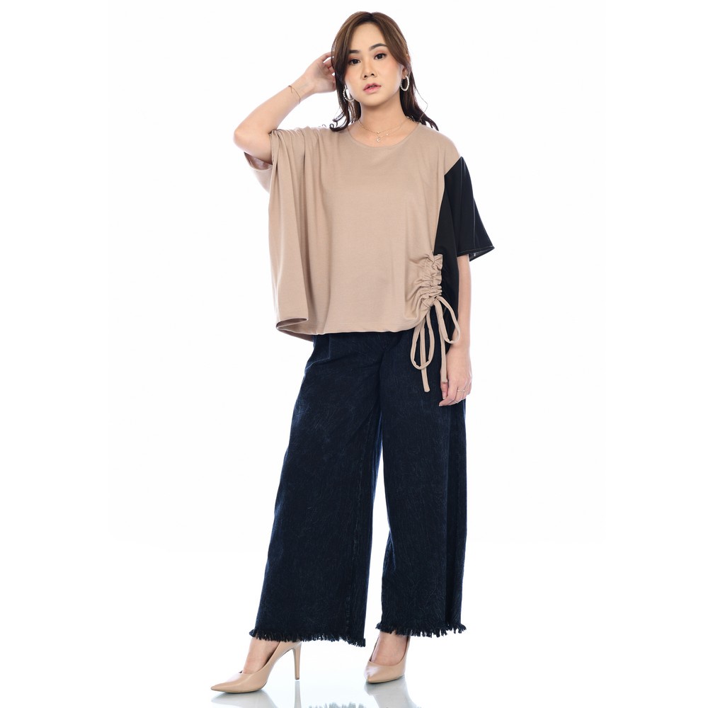 Yoenik Apparel Oversize Two Tone Colour Khaki - Black M13960 R43S4 - Atasan Wanita Blouse Oversize Baju Two Tone-6