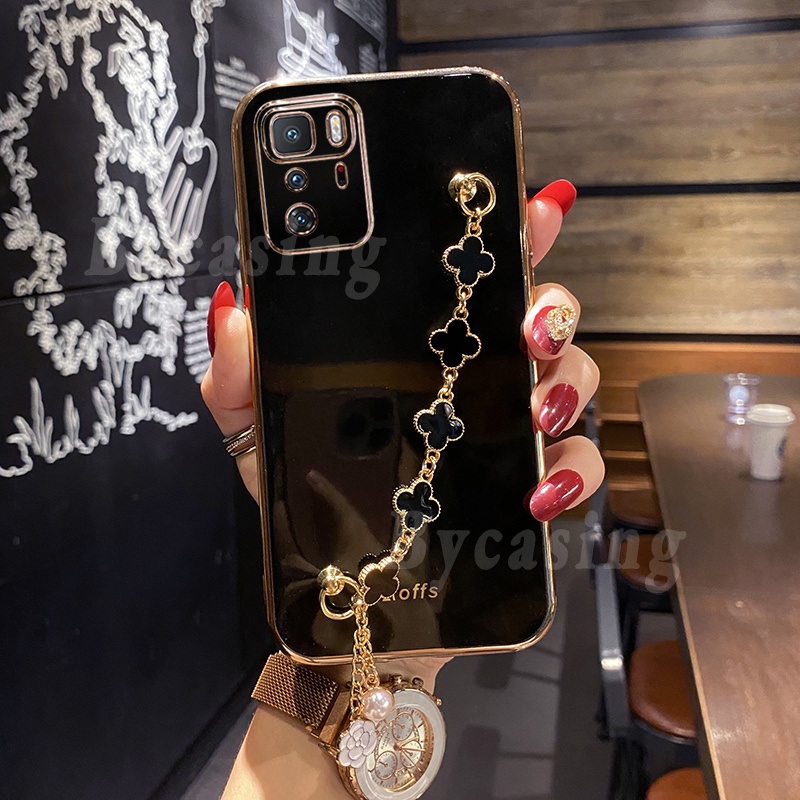 Soft Case Silikon Motif Daun Clover Dengan Gelang Untuk Xiaomi Poco X3 GT PocoX3Pro X3NFC M3Pro F3 Mi 11 Lite 11T 10T Note 10 5G Note8 Note7