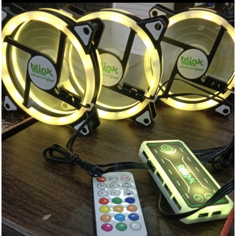 FAN CASSING RGB 12CM DUAL RING 3PCS BOX DAN CONTROLER DAN REMOTE BLINKMINTS RR203